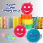 Image Description: Promotional hero image for an "All-Star 17-Piece Cleaning Bundle," featuring bold blue text on the upper left set against a neutral gradient background, showcasing a diverse assortment of Scrub Daddy and Scrub Mommy products including stacked sponges, textured pads, loose character sponges, and a set of circular scouring pads.