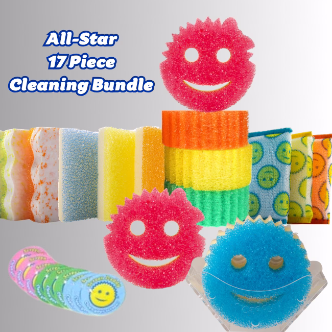 Image Description: Promotional hero image for an "All-Star 17-Piece Cleaning Bundle," featuring bold blue text on the upper left set against a neutral gradient background, showcasing a diverse assortment of Scrub Daddy and Scrub Mommy products including stacked sponges, textured pads, loose character sponges, and a set of circular scouring pads.