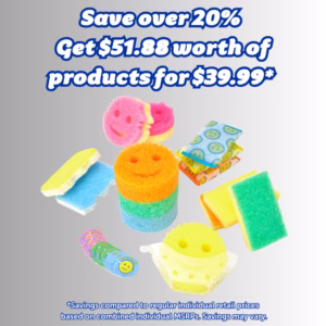 Image Description: Promotional infographic for the All-Star cleaning bundle set against a neutral gradient background, featuring bold blue header text at the top that reads "Save over 20%" followed by "Get $51.88 worth of products for $39.99*" above an arrangement of various Scrub Daddy and Scrub Mommy products, with detailed fine print at the bottom explaining savings compared to regular individual retail prices and combined individual MSRPs.