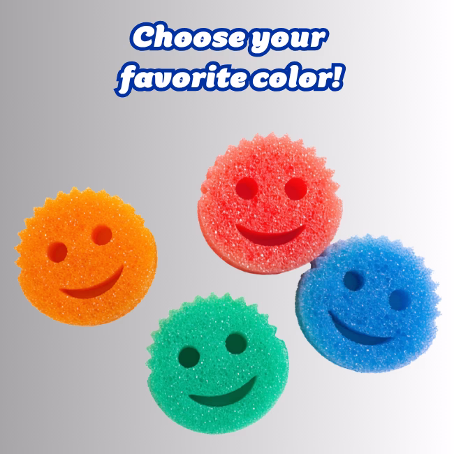 Image Description: A promotional product graphic set against a neutral gradient background, featuring four smiley-face scrubbing sponges in bright orange, vibrant red, green, and blue, with blue text at the top that reads "Choose your favorite color!".