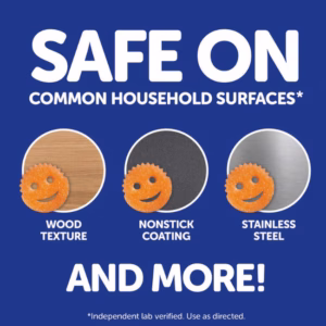 A product infographic set against a dark blue background with white text that reads "Safe on Common Household Surfaces* and More!", featuring three circular image samples showing the orange smiley-face sponge safe for use on wood texture, nonstick coating, and stainless steel.