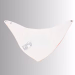 Image Description: A promotional product image showing the reverse side of a baby bib set against a neutral gradient background, highlighting the white fabric backing, snap button closures on the corners, and a stitched product care and material tag.
