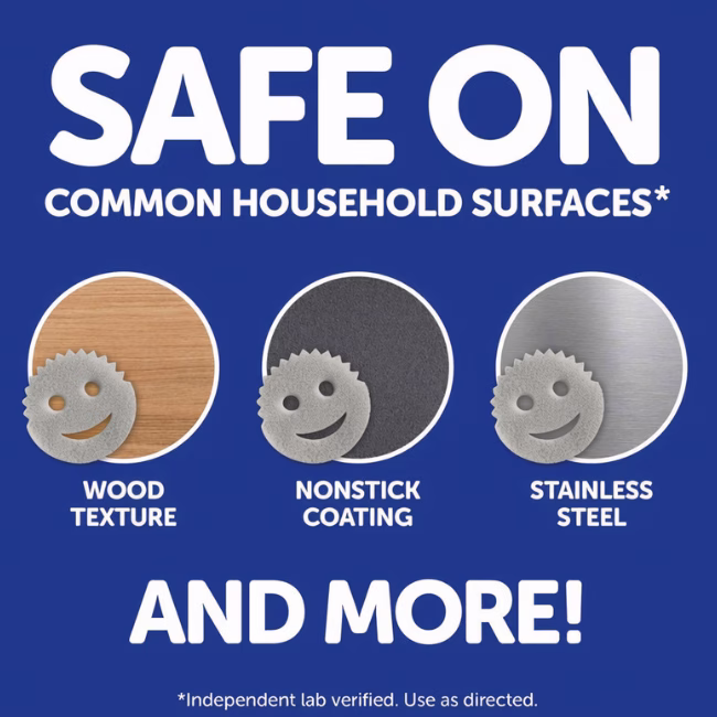 A product infographic set against a dark blue background with white text that reads "Safe on Common Household Surfaces* and More!", featuring three circular image samples showing the grey smiley-face sponge safe for use on wood texture, nonstick coating, and stainless steel.