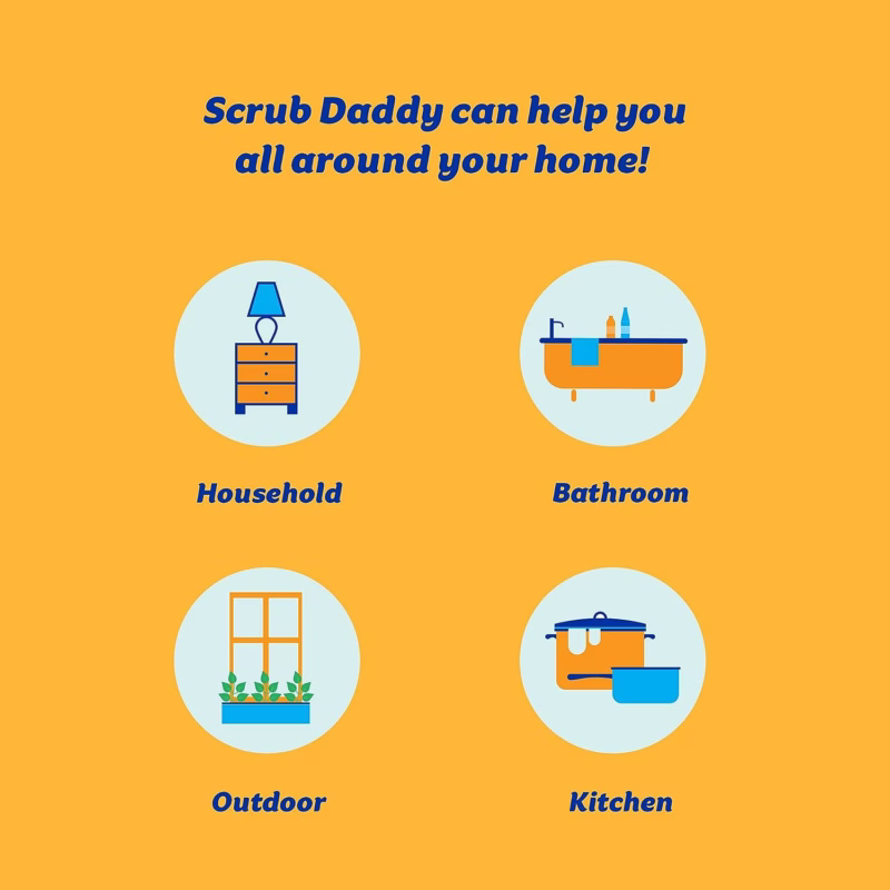 Image Description: Scrub Daddy Non-Scratch Sponges (3 Individual Boxes) lifestyle graphic showing round icon illustrations for household, bathroom, outdoor, and kitchen applications. Text overlay reads: "Scrub Daddy can help you all around your home!