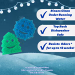 Image Description: A winter-themed product infographic set against a dark blue snowy background with string lights at the top, featuring a green Christmas tree sponge and a blue snowflake sponge on the left, alongside three checkmarked feature callouts on the right ("Rinses Clean Under Running Water," "Top Rack Dishwasher Safe," and "Resists Odors for up to 12 weeks!"), with fine print at the bottom reading "Independent lab verified. Odor resistance for up to 12 weeks. Use as directed."