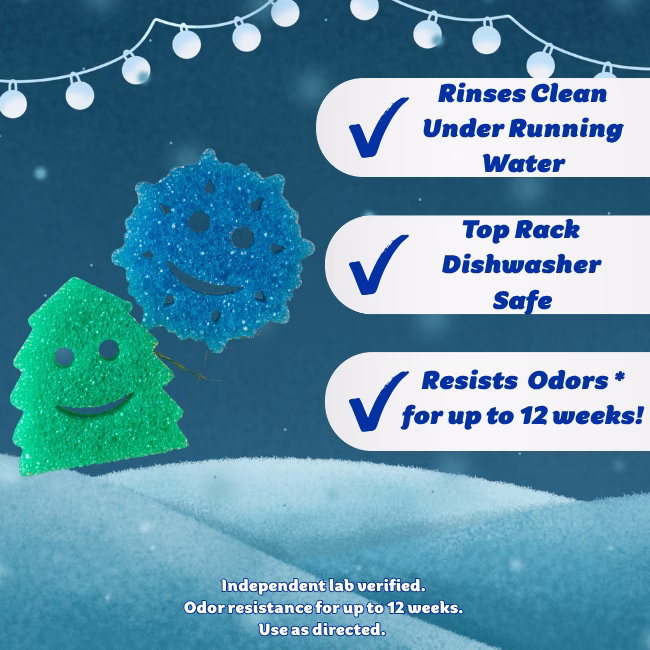 Image Description: A winter-themed product infographic set against a dark blue snowy background with string lights at the top, featuring a green Christmas tree sponge and a blue snowflake sponge on the left, alongside three checkmarked feature callouts on the right ("Rinses Clean Under Running Water," "Top Rack Dishwasher Safe," and "Resists Odors for up to 12 weeks!"), with fine print at the bottom reading "Independent lab verified. Odor resistance for up to 12 weeks. Use as directed."
