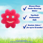 Image Description: A spring-themed infographic against a blue sky and green grass background, featuring a pink flower-shaped Scrub Mommy sponge on the left with a smiling face cutout. On the right, three text callouts with checkmarks display product features: "Rinses Clean Under Running Water," "Top Rack Dishwasher Safe," and "Resists Odors for up to 12 weeks!," with fine print at the bottom reading "Independent lab verified. Odor resistance for up to 12 weeks. Use as directed."