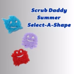 Image Description: Promotional hero image for Scrub Daddy Summer Select-A-Shape, featuring bold blue text at the top right that reads "Scrub Daddy Summer Select-A-Shape," accompanied by three summer-themed sea creature sponges arranged diagonally on the left: a blue fish at the top, a purple octopus in the middle, and a red crab at the bottom, each featuring a smiling cutout face against a neutral gradient background.