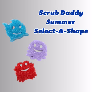 Image Description: Promotional hero image for Scrub Daddy Summer Select-A-Shape, featuring bold blue text at the top right that reads "Scrub Daddy Summer Select-A-Shape," accompanied by three summer-themed sea creature sponges arranged diagonally on the left: a blue fish at the top, a purple octopus in the middle, and a red crab at the bottom, each featuring a smiling cutout face against a neutral gradient background.