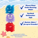Image Description: A summer-themed product infographic set against a beach and ocean background, featuring a vertical stack of three sea creature-shaped Scrub Daddy sponges on the left—a blue fish on top, a purple octopus in the middle, and a red crab at the bottom—alongside three checkmarked feature callouts on the right ("Rinses Clean Under Running Water," "Top Rack Dishwasher Safe," and "Resists Odors for up to 12 weeks!"), with fine print at the bottom reading "Independent lab verified. Odor resistance for up to 12 weeks. Use as directed."