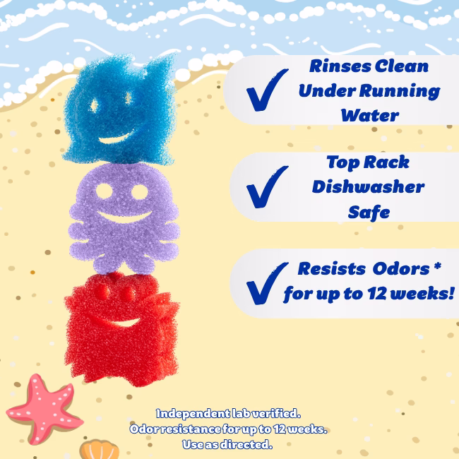 Image Description: A summer-themed product infographic set against a beach and ocean background, featuring a vertical stack of three sea creature-shaped Scrub Daddy sponges on the left—a blue fish on top, a purple octopus in the middle, and a red crab at the bottom—alongside three checkmarked feature callouts on the right ("Rinses Clean Under Running Water," "Top Rack Dishwasher Safe," and "Resists Odors for up to 12 weeks!"), with fine print at the bottom reading "Independent lab verified. Odor resistance for up to 12 weeks. Use as directed."