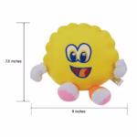 Image Description: A product specification graphic of the yellow Scrub Daddy plush toy set against a WHITE background, displaying dimension measurement lines indicating a height of 7.5 inches and a width of 9 inches.