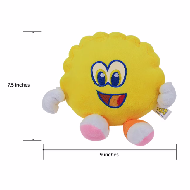 Image Description: A product specification graphic of the yellow Scrub Daddy plush toy set against a WHITE background, displaying dimension measurement lines indicating a height of 7.5 inches and a width of 9 inches.