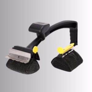 Image Description: A promotional product hero image set against a neutral gradient background, showcasing a 2-piece BBQ Daddy set consisting of the main bristle-free grill brush with its stainless steel scraper and scrubbing head, alongside an extra replacement scrubbing head.