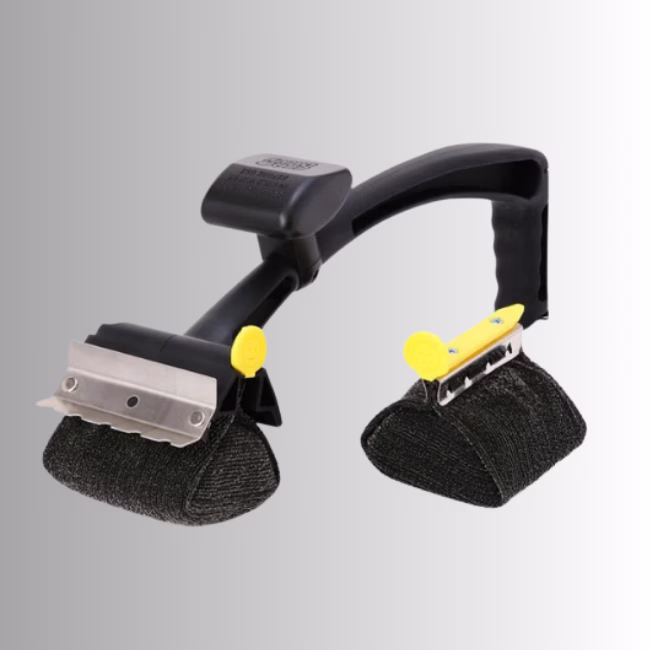 Image Description: A promotional product hero image set against a neutral gradient background, showcasing a 2-piece BBQ Daddy set consisting of the main bristle-free grill brush with its stainless steel scraper and scrubbing head, alongside an extra replacement scrubbing head.