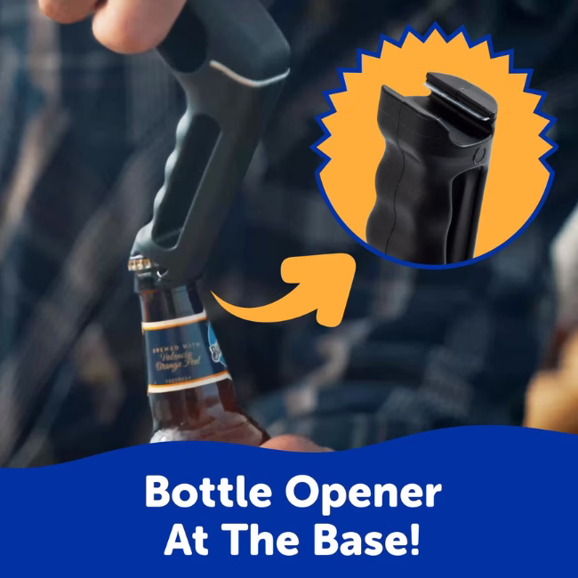 Image Description: A product feature infographic featuring bold blue text at the bottom that reads "Bottle Opener At The Base!" showcasing a hand using the integrated bottle opener built into the base of the BBQ Daddy handle to pop the cap off a glass bottle.
