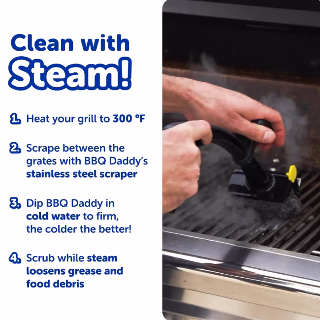 Image Description: A product instruction infographic featuring bold blue header text on the left that reads "Clean with Steam!" above a numbered 4-step guide for heating the grill, scraping with the stainless steel blade, dipping in cold water, and scrubbing with steam, paired with an action photo on the right of a hand using the BBQ Daddy on hot grill grates.