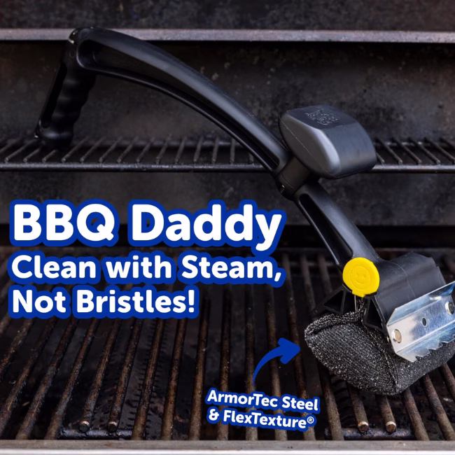 Image Description: A product action infographic featuring bold blue header text that reads "BBQ Daddy Clean with Steam, Not Bristles!" over a dark grill background, highlighting the tool's ArmorTec Steel and FlexTexture materials used for safe, bristle-free cleaning on grill grates.