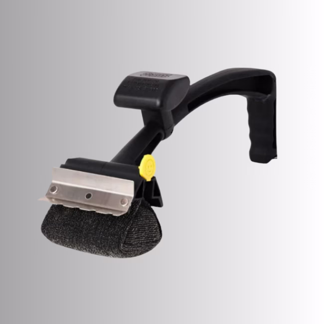 Image Description: A promotional product hero image of the main black BBQ Daddy grill brush set against a neutral gradient background, showcasing its ergonomic handle, a stainless steel scraper blade, and a textured bristle-free scrubbing head with a yellow smiley-face release clip.