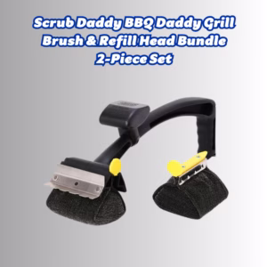 Image Description: A promotional product bundle hero image featuring bold blue text at the top that reads "Scrub Daddy BBQ Daddy Grill Brush & Refill Head Bundle 2-Piece Set," displayed over a neutral gradient background showcasing a black grill brush with a stainless steel scraper and textured head alongside an extra replacement head.