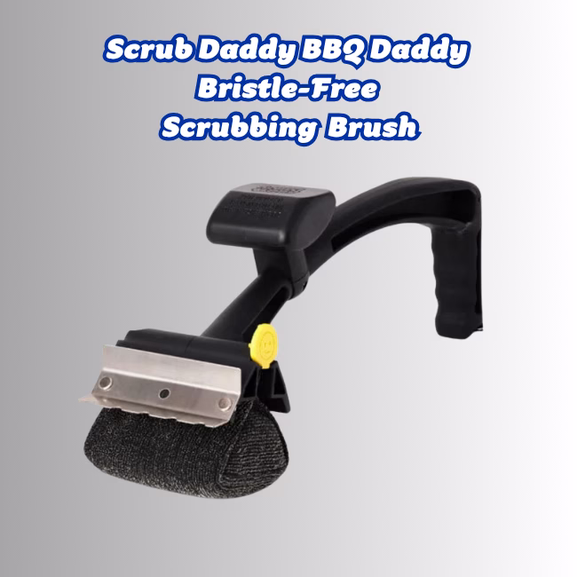 Image Description: A promotional hero image for the "Scrub Daddy BBQ Daddy Bristle-Free Scrubbing Brush," featuring bold blue header text at the top against a neutral gradient background, showcasing the black BBQ Daddy grill tool equipped with a stainless steel scraper and a textured scrubbing head.