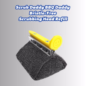 Image Description: A promotional product hero image featuring bold blue text at the top that reads "Scrub Daddy BBQ Daddy Bristle-Free Scrubbing Head Refill," displayed over a neutral gradient background showcasing a single black bristle-free scrubbing head replacement unit with a yellow smiley face release knob and mounting bracket.