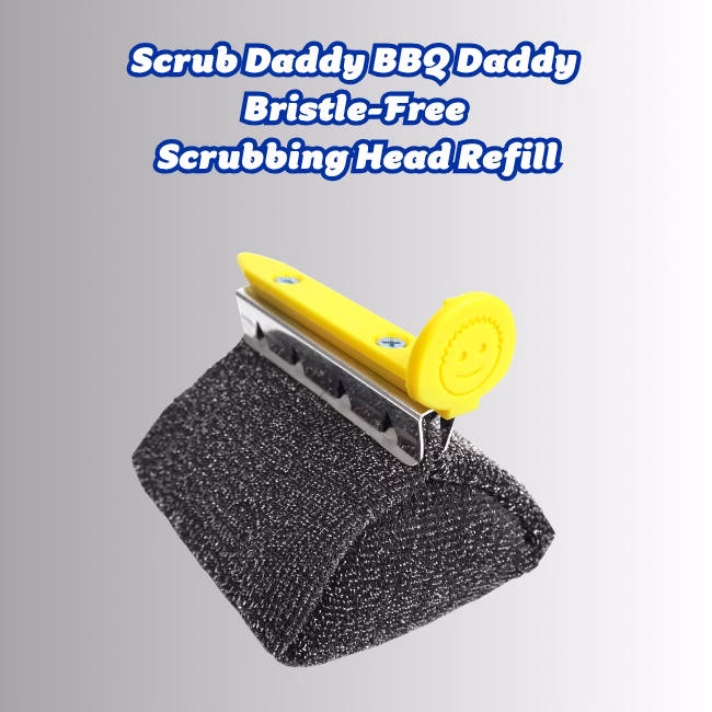 Image Description: A promotional product hero image featuring bold blue text at the top that reads "Scrub Daddy BBQ Daddy Bristle-Free Scrubbing Head Refill," displayed over a neutral gradient background showcasing a single black bristle-free scrubbing head replacement unit with a yellow smiley face release knob and mounting bracket.