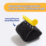 mage Description: A product features infographic featuring bold blue header text at the top that reads "Removable scouring head is easy to clean & dishwasher safe" over a yellow banner, alongside a callout pointing to the replacement head noting that it "Lasts well beyond one grilling season."
