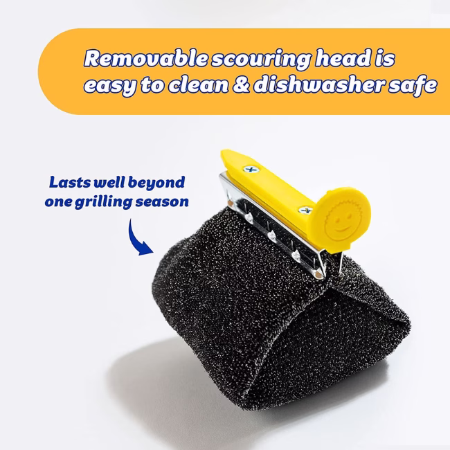 mage Description: A product features infographic featuring bold blue header text at the top that reads "Removable scouring head is easy to clean & dishwasher safe" over a yellow banner, alongside a callout pointing to the replacement head noting that it "Lasts well beyond one grilling season."