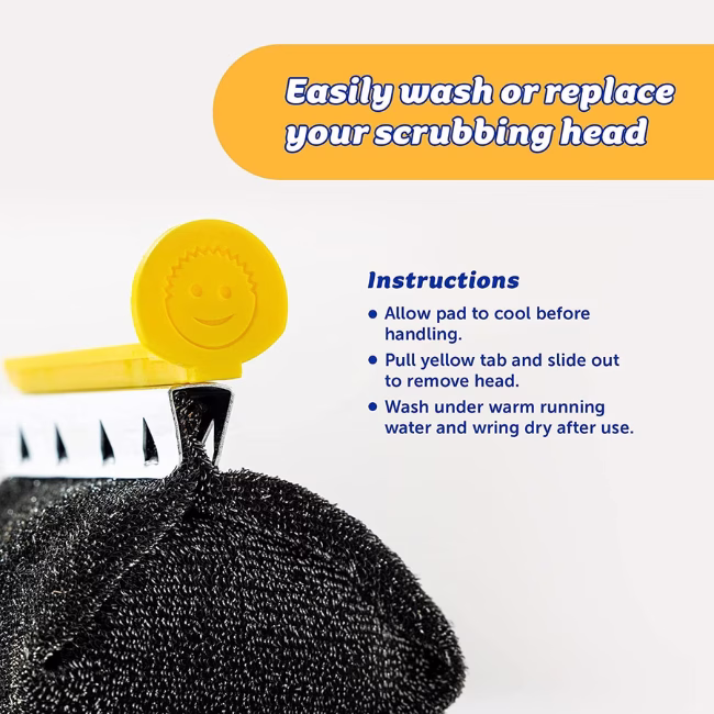 Image Description: A product instruction infographic featuring bold blue header text at the top that reads "Easily wash or replace your scrubbing head" over a yellow curved banner, alongside a 3-step instruction list for cooling the pad, pulling the yellow tab to remove it, and washing under warm running water.