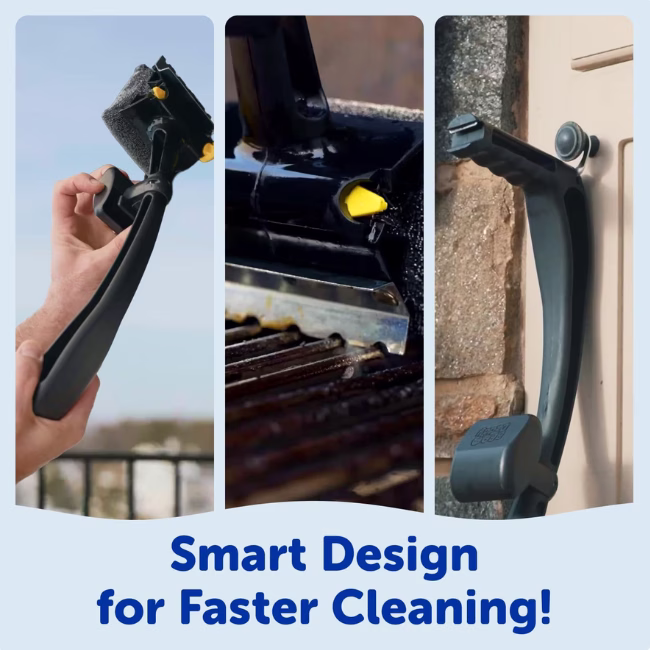 Image Description: A three-panel product design infographic with blue text at the bottom reading "Smart Design for Faster Cleaning!" showcasing three key features: head replacement/handling, close-up of the stainless steel scraper on grill grates, and the tool hanging from a hook by its retractable loop.