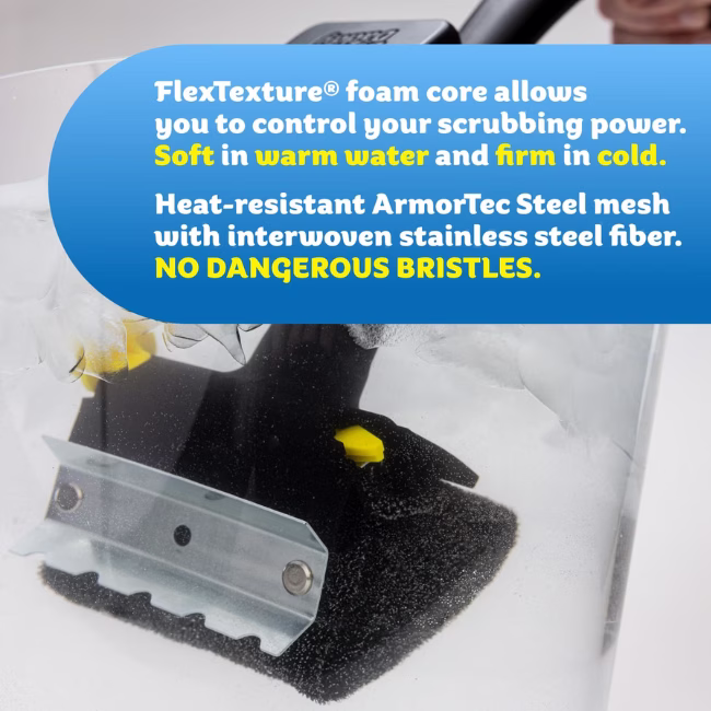Image Description: A product features infographic set against a translucent container with ice water, featuring a blue callout box detailing the FlexTexture foam core, heat-resistant ArmorTec Steel mesh, and the "NO DANGEROUS BRISTLES" claim.