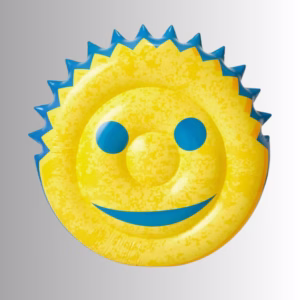 Image Description: A promotional product hero image of a round inflatable yellow smiley-face pool float set against a neutral gradient background, featuring blue eyes, a smiling mouth, and a blue spiky scalloped edge.