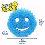 Image Description: A product specification graphic set against a white background, featuring a blue Scrub Daddy sponge with dimension measurement lines indicating a height of 4 inches, a width of 4 inches, and a depth of 1.5 inches.