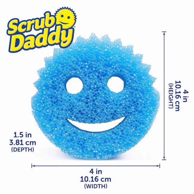 Image Description: A product specification graphic set against a white background, featuring a blue Scrub Daddy sponge with dimension measurement lines indicating a height of 4 inches, a width of 4 inches, and a depth of 1.5 inches.