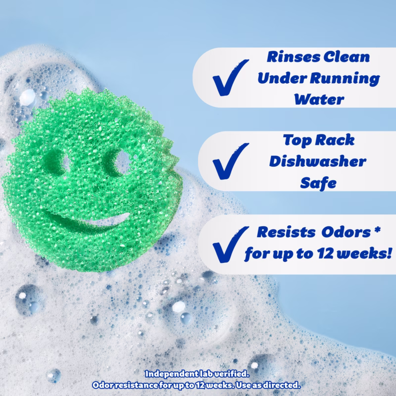 Image Description: A product feature infographic set against a blue soapy background, featuring a green Scrub Daddy sponge on the left next to three white callout pills on the right with blue checkmarks, highlighting "Rinses Clean Under Running Water", "Top Rack Dishwasher Safe", and "Resists Odors for up to 12 weeks!".