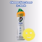 Image Description: A promotional bundle hero image featuring bold blue text at the top that reads "Choose Your Scent 2-Pack," displayed over a neutral gradient background with a bottle of Scrub Daddy Cif All Purpose Cleaning Cream and a yellow round Scrub Daddy sponge placed next to it.