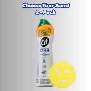 Image Description: A promotional bundle hero image featuring bold blue text at the top that reads "Choose Your Scent 2-Pack," displayed over a neutral gradient background with a bottle of Scrub Daddy Cif All Purpose Cleaning Cream and a yellow round Scrub Daddy sponge placed next to it.