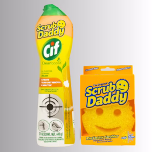 Image Description: A promotional product bundle set against a neutral gradient background, featuring a yellow bottle of Scrub Daddy Cif Cleanboost All Purpose Cleaning Cream in lemon scent alongside a boxed yellow Original Scrub Daddy FlexTexture sponge.