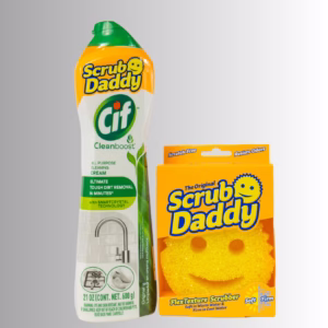 Image Description: A promotional product bundle set against a neutral gradient background, featuring a bottle of Scrub Daddy Cif Cleanboost All Purpose Cleaning Cream in the original scent alongside a boxed yellow Original Scrub Daddy FlexTexture sponge.