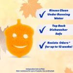 Image Description: autumn-themed infographic against a yellow background with falling maple leaves, featuring an orange acorn-shaped Scrub Daddy sponge on the left with a smiling face. On the right, three text callouts with checkmarks display product features: "Rinses Clean Under Running Water," "Top Rack Dishwasher Safe," and "Resists Odors for up to 12 weeks!," with fine print at the bottom reading "Independent lab verified. Odor resistance for up to 12 weeks. Use as directed."