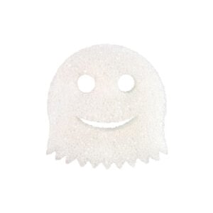 A white ghost-shaped Scrub Daddy sponge displayed against a solid white background,
