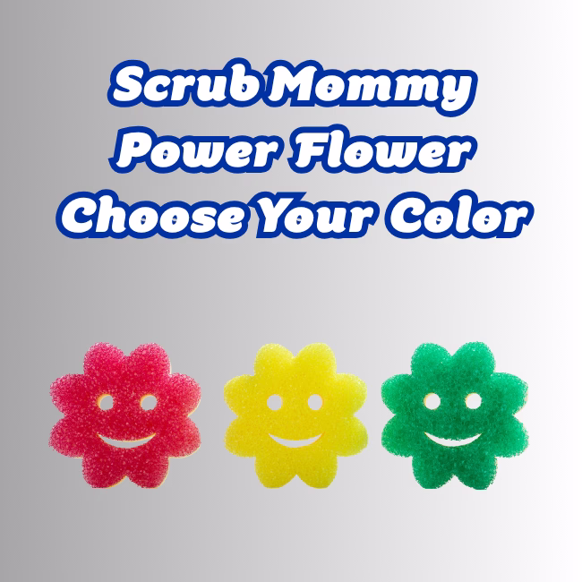 Flower Power Hero (1) Image Description: Promotional image for Scrub Mommy Power Flower Choose Your Color, featuring large blue text at the top that reads "Scrub Mommy Power Flower Choose Your Color." Below the text, three flower-shaped Scrub Mommy sponges are lined up horizontally: a pink one on the left, a yellow one in the middle, and a green one on the right, each featuring a smiling face cutout.
