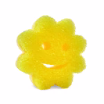 Image Description: A yellow flower-shaped Scrub Mommy sponge shown from an angled perspective against a solid white background, highlighting its dual-sided design with a textured green FlexTexture scrubbing side on the front and a yellow absorbent foam side visible along the edges.