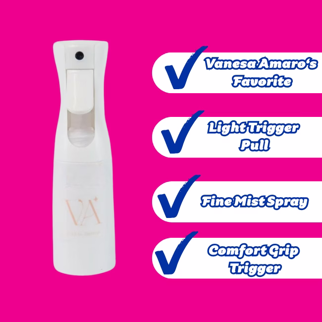Image Description: A product feature infographic set against a vibrant pink background, showcasing the white VA continuous spray bottle on the left next to four white callout pills on the right with blue checkmarks, highlighting "Vanesa Amaro's Favorite", "Light Trigger Pull", "Fine Mist Spray", and "Comfort Grip Trigger".