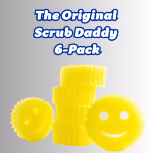 Image Description: Promotional hero image for The Original Scrub Daddy 6-Pack, featuring bold blue text at the top that reads "The Original Scrub Daddy 6-Pack," displayed over a neutral gradient background with six yellow, round, smiling-faced Scrub Daddy sponges arranged with a vertical stack in the center flanked by two loose sponges on the sides.