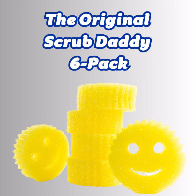 Image Description: Promotional hero image for The Original Scrub Daddy 6-Pack, featuring bold blue text at the top that reads "The Original Scrub Daddy 6-Pack," displayed over a neutral gradient background with six yellow, round, smiling-faced Scrub Daddy sponges arranged with a vertical stack in the center flanked by two loose sponges on the sides.
