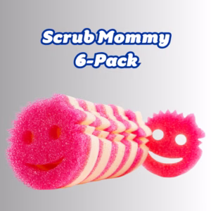 Image Description: Promotional hero image for Scrub Mommy 6-Pack, featuring bold blue text at the top that reads "Scrub Mommy 6-Pack," displayed over a neutral gradient background with six pink round Scrub Mommy sponges arranged in an angled horizontal stack alongside one loose pink sponge on the right, highlighting their dual-sided texture and smiling face cutouts.