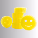 Image Description: A promotional product hero image of a vertical stack of four yellow original Scrub Daddy sponges next to two individual smiley-face sponges set against a neutral gradient background.