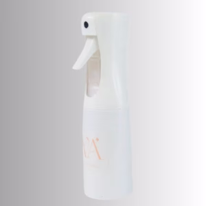 Image Description: A promotional product photo of the white continuous spray bottle from a full side angle set against a neutral gradient background, displaying the complete silhouette and brand logo.